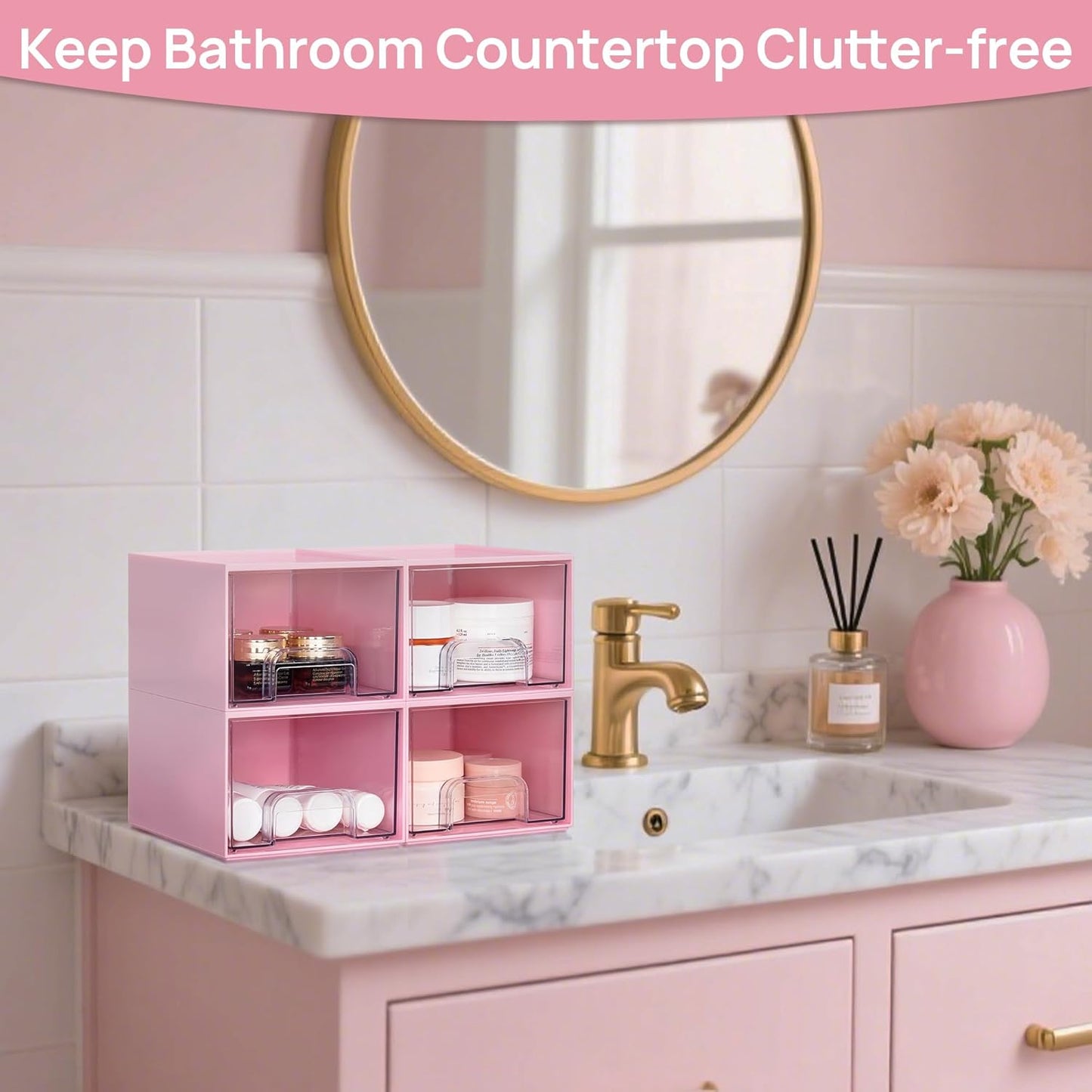Vtopmart 4 Pack Small Clear Stackable Storage Drawers,Acrylic Bathroom Makeup Organizer,Plastic Storage Bins For Vanity, Undersink, Kitchen Cabinets, Pantry, Home Organization