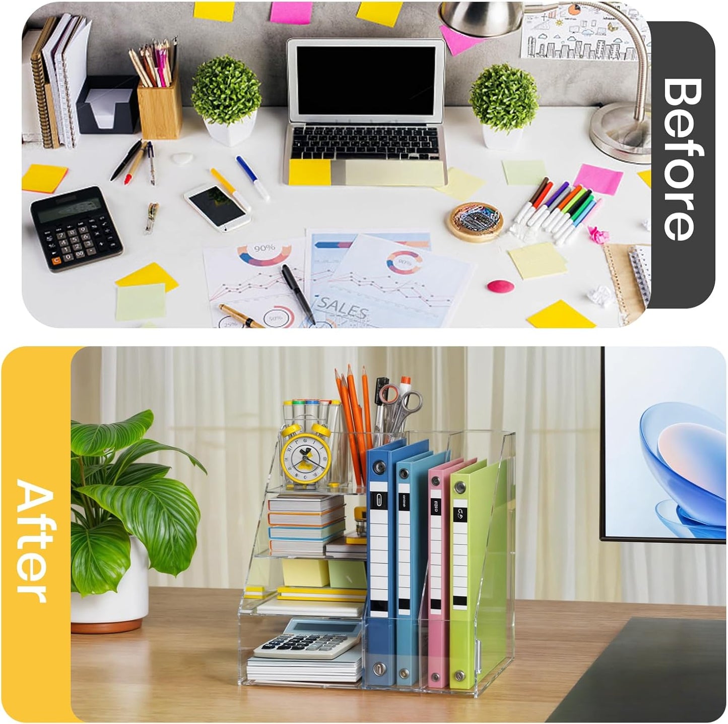 BONIER Acrylic Desk Organizer, 4-Tier Paper Tray and Mail Sorter, 2-Tier Magazine Rack, Document Storage and Accessories Holder for Home, Office, and Classroom Use
