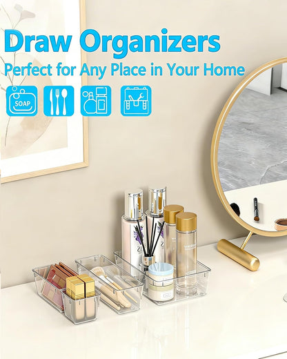 Clear Drawer Organizers Set of 13, 5-Size Vanity Organizer Trays, Stackable Bathroom & Desk Drawer Organizer for Makeup, Jewelry, Kitchen Utensils, Office Supplies and Small Gadgets Storage
