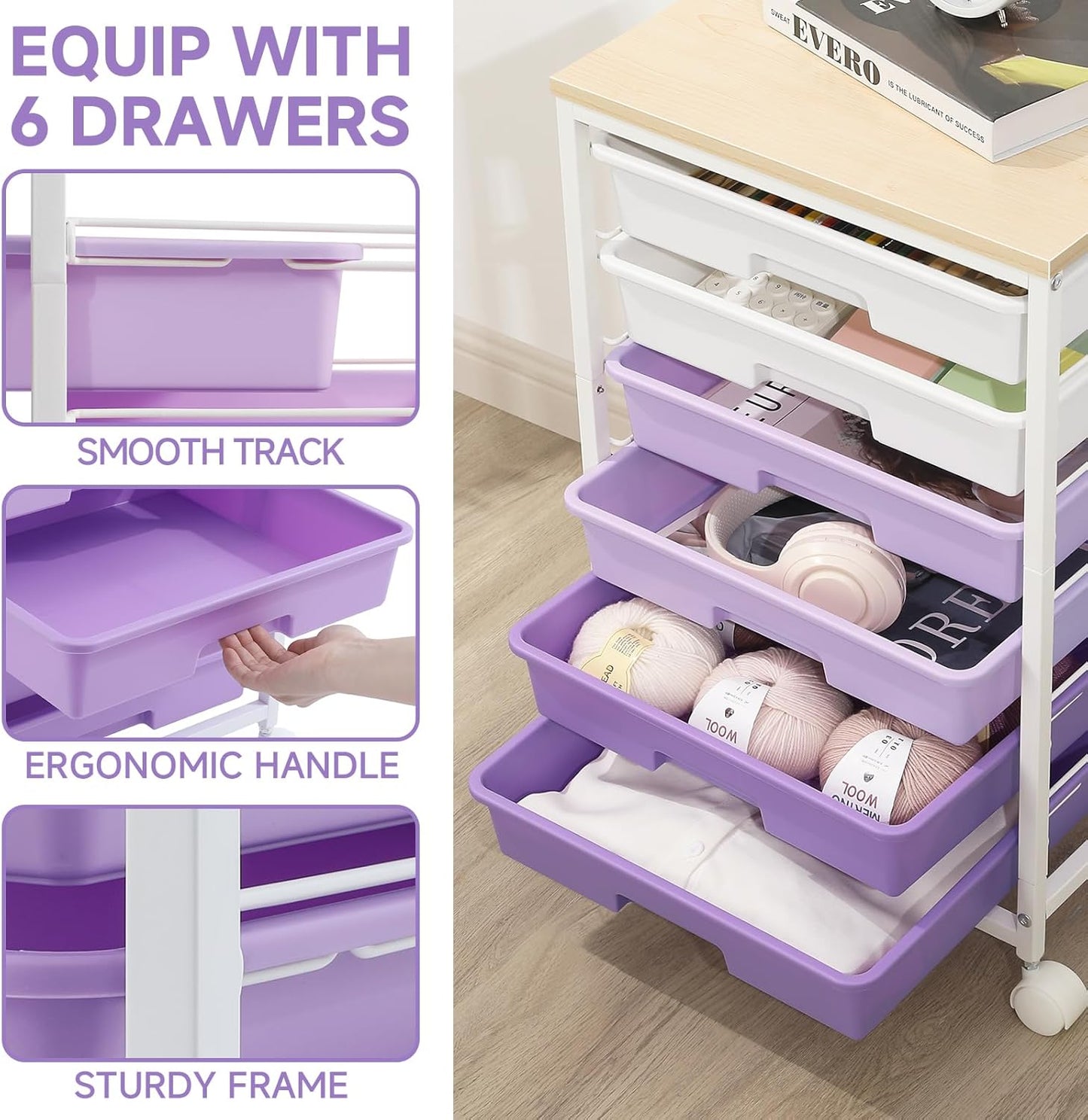 SYKIARIOL Rolling Storage Utility Cart with 6 Drawers and Wooden Tabletop for Under Desk Storage,White