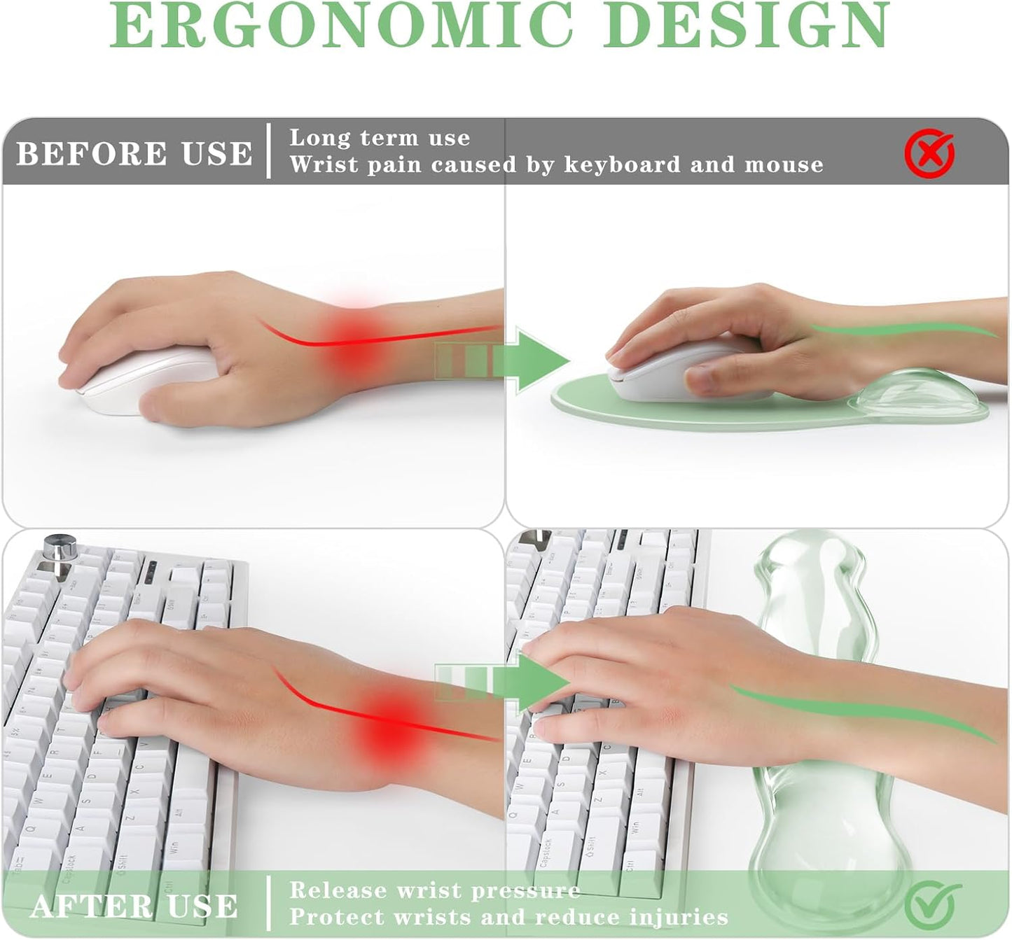 Wrist Rest for Keyboard- Ergonomic Gel Keyboard Wrist Rest and Mouse Pad Set, Non-Slip PU Base for Office, Laptop & Gaming - Green