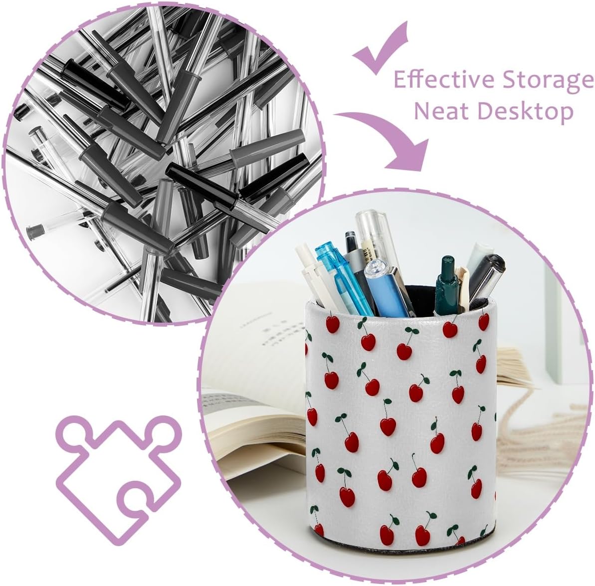 Leather Pen Holder for Desk, Love Cherry Pencil Organizer Pencil Cup Desk Decor Makeup Brush Holder Multifunctional Office Supplies for Home,Office, School