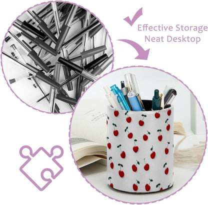 Leather Pen Holder for Desk, Love Cherry Pencil Organizer Pencil Cup Desk Decor Makeup Brush Holder Multifunctional Office Supplies for Home,Office, School