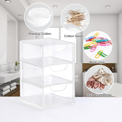 Hipiwe Acrylic Drawer Organizer Qtip Holder for Cotton Pad Cotton Swabs Makeup Storage Drawer with 3 Drawers Clear Desk Drawers Box Bathroom Counter Organizer for Home Office