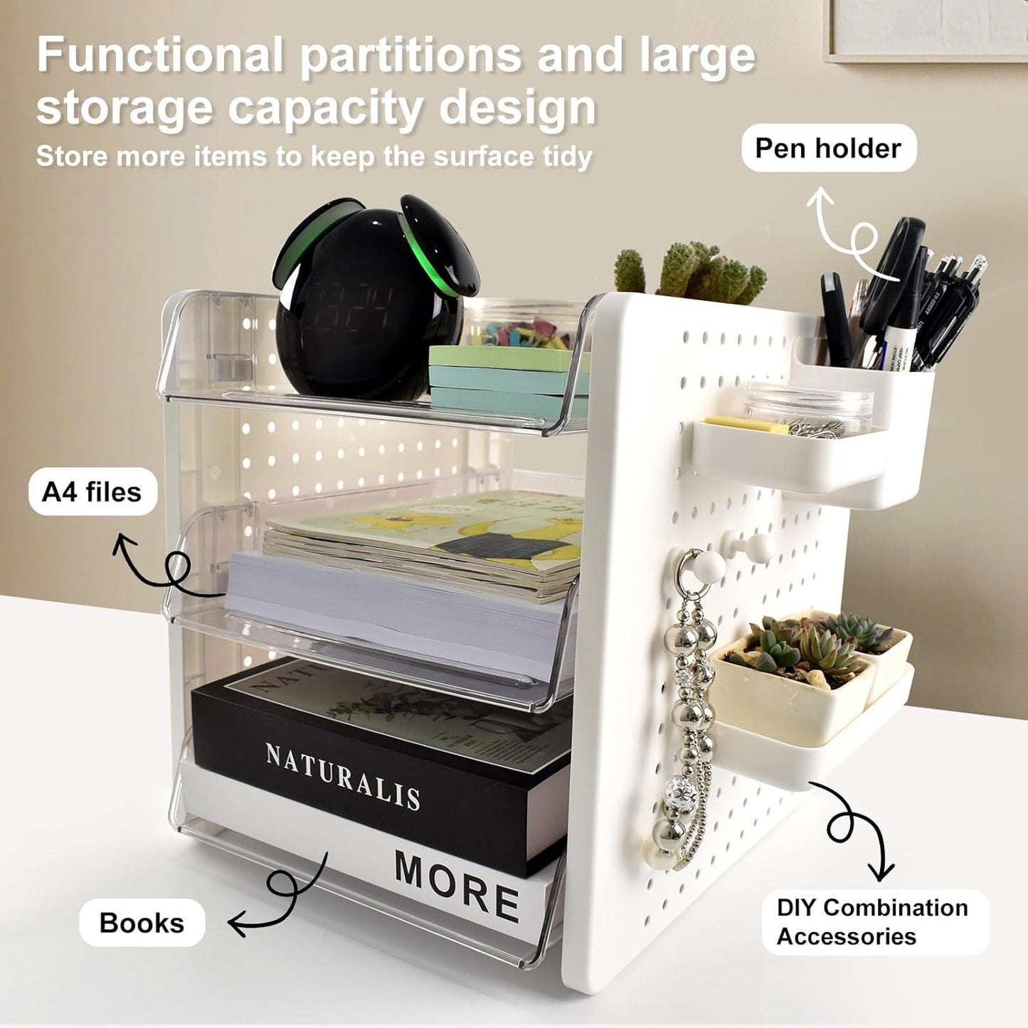 3 Tier Acrylic Desk Organizer,Clear Stackable Desktop Paper Container Letter Tray Shelf with Pen Holder, Pegboard Shelf Office Storage for File Paper, Letter, A4 Office File, Books, Notes