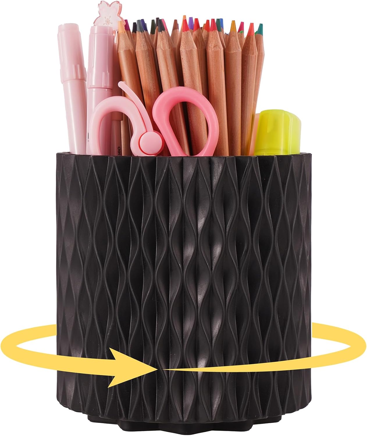 Black Pen Holder for Desk, 360° Rotating Pen Organizer with 5 Slots - Spinning Pencil Holder & Pencil Cup for Office, Art Supply, Makeup Brush - Desk Organizer for Home, School