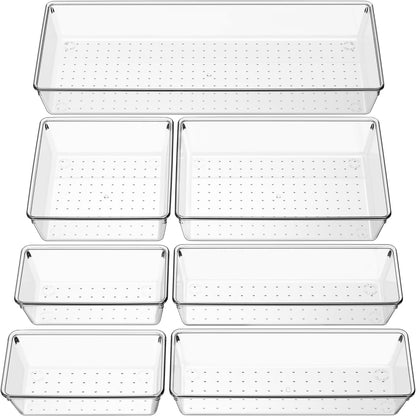 Criusia Drawer Organizer, 10 Pack Large Clear Plastic Set, 3 Size Versatile Bathroom and Vanity Organizer Trays, Storage Bins for Makeup, Bedroom, Kitchen Utensils