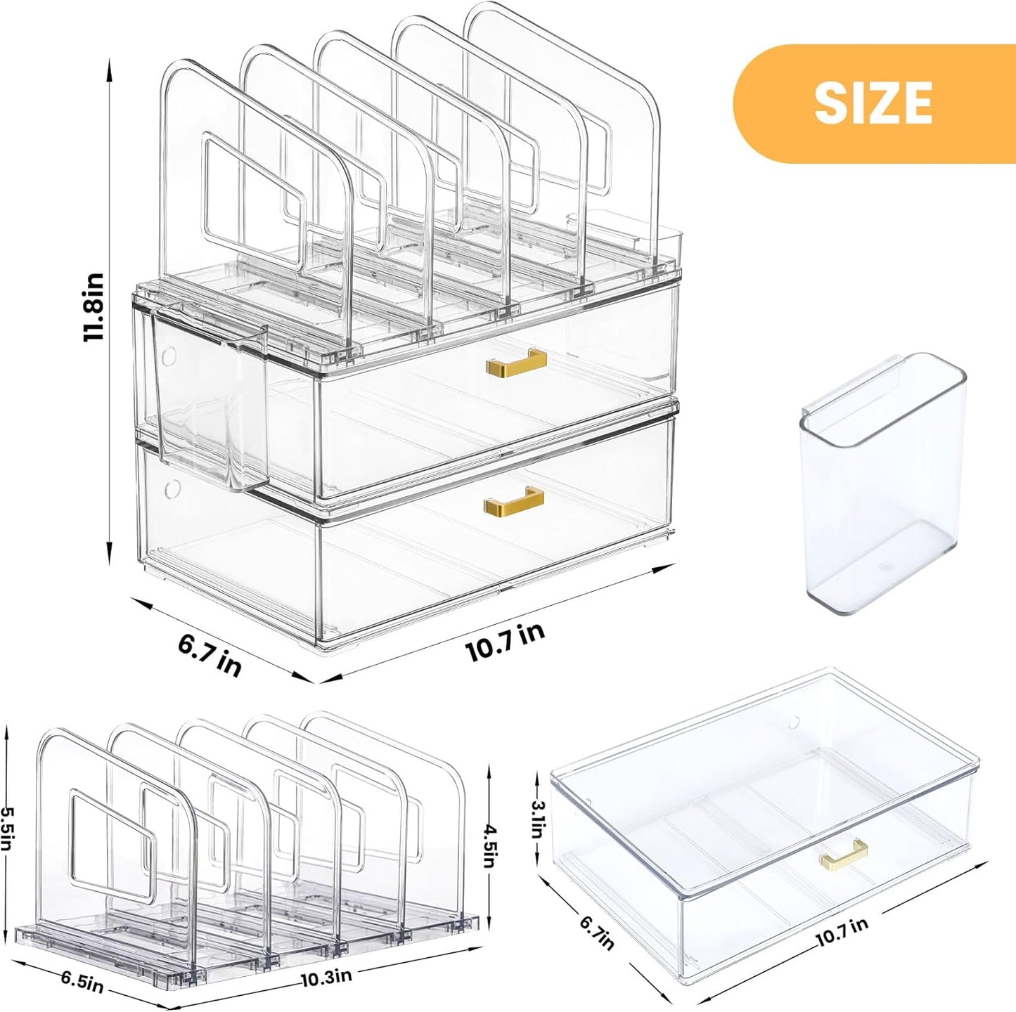 LALOBLUE Acrylic Desk Organizer with Drawer and Vertical File Holder, Desk Organizers and Accessories, Multi-Functional Office Supplies Organizer for Home or Work Desk, White