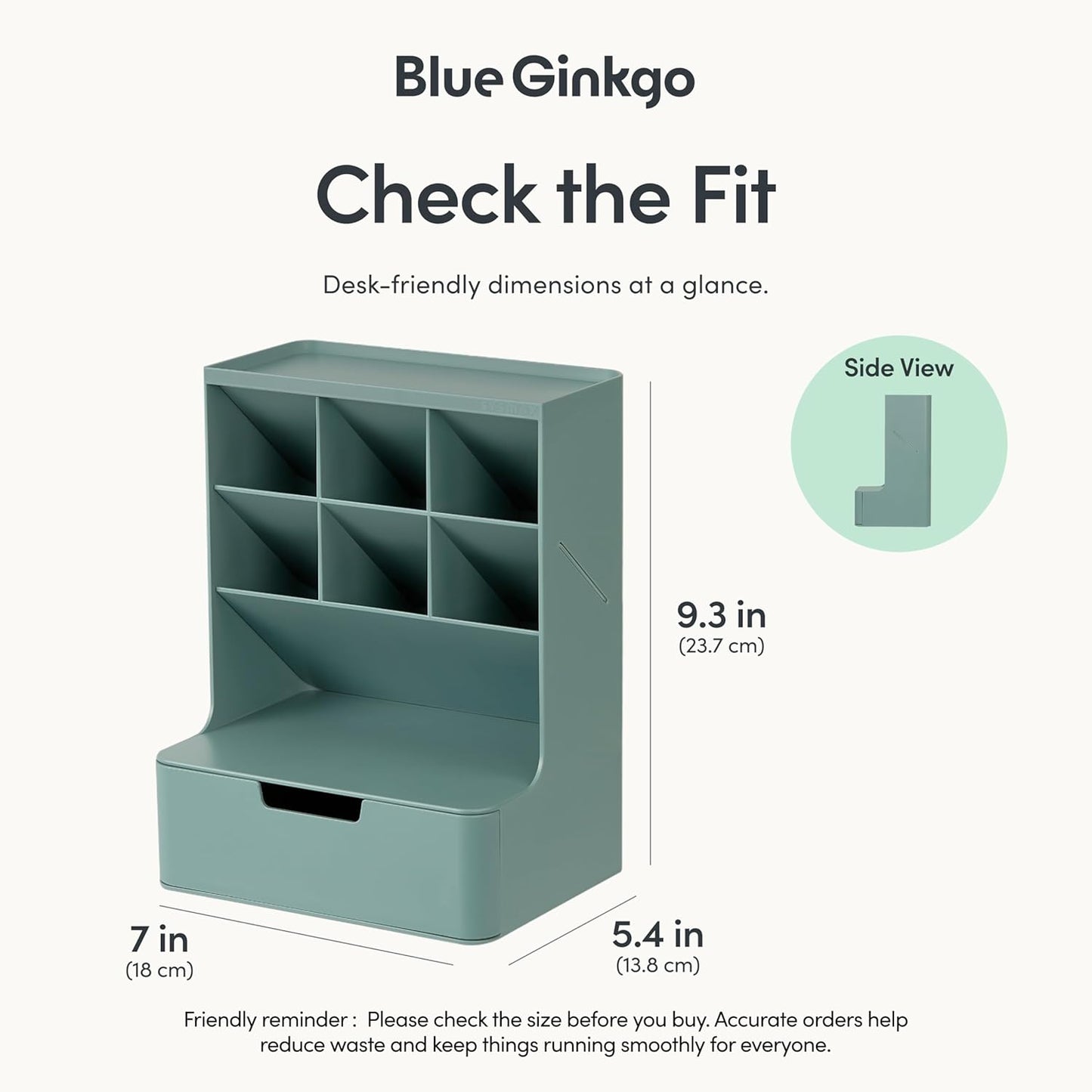 BLUE GINKGO Compact Desk Organizer – Small 5-Compartment, Half Drawer Storage – Pen Holder, Stationery Organizer for Desktop, Vanity, Shelf (Made in Korea, Green)