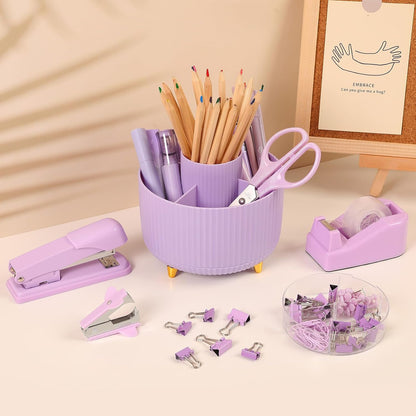 SKYDUE Pink Desk Accessories 10Pcs, Rotating Pen Holder for Desk, Stapler, Staple Remover, Tape Dispenser,2pcs Tape Refills, Binder Paper Clips Kit, Scissor,Pink Office School Supplies