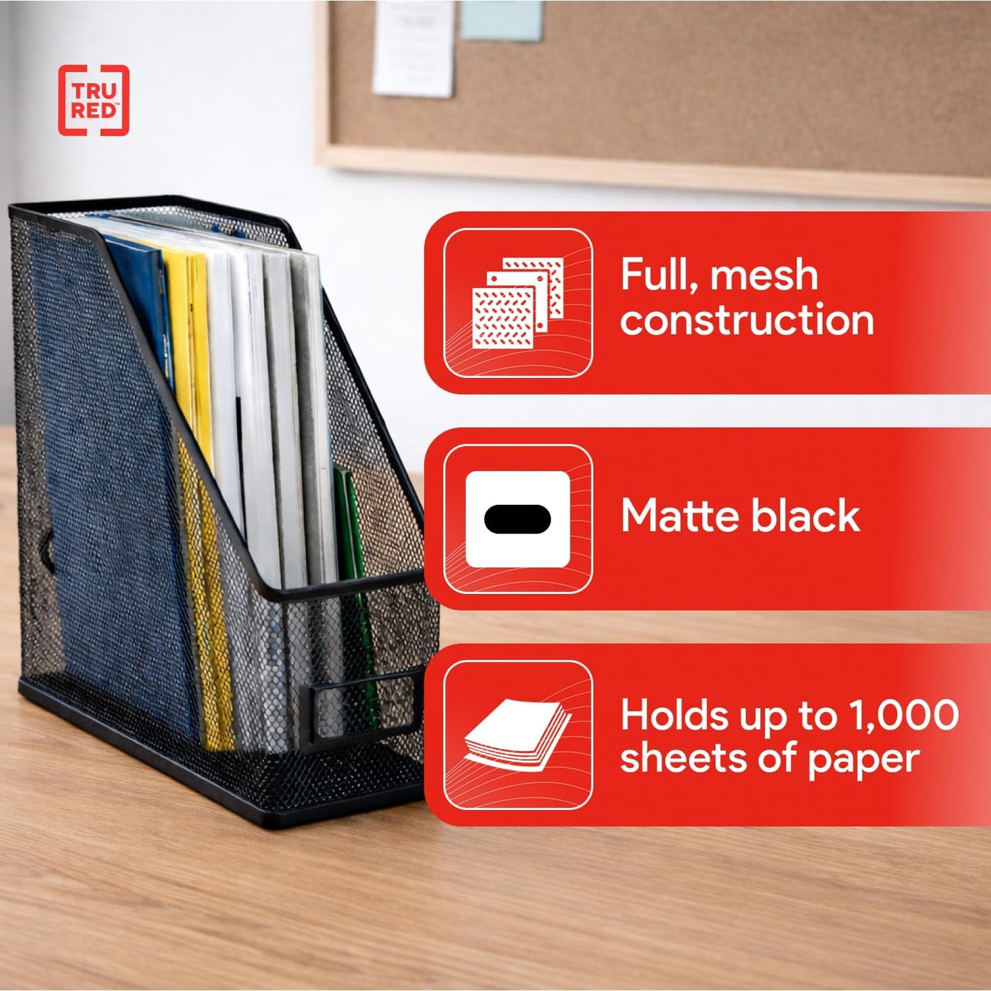TRU RED Metal Magazine File Organizer, Black – Top‑Loading Desktop File Holder with Handle, Holds Up to 1000 Sheets