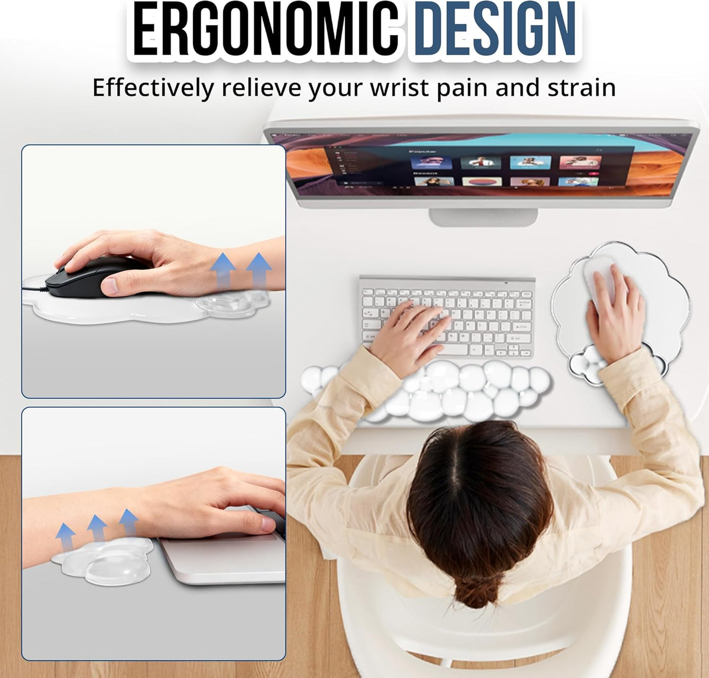 Keyboard Wrist Rest Set — Ergonomic Cloud Gel Wrist Rest Keyboard and Mouse Pad, Non-Slip Desk Accessories for Office and Home（White）