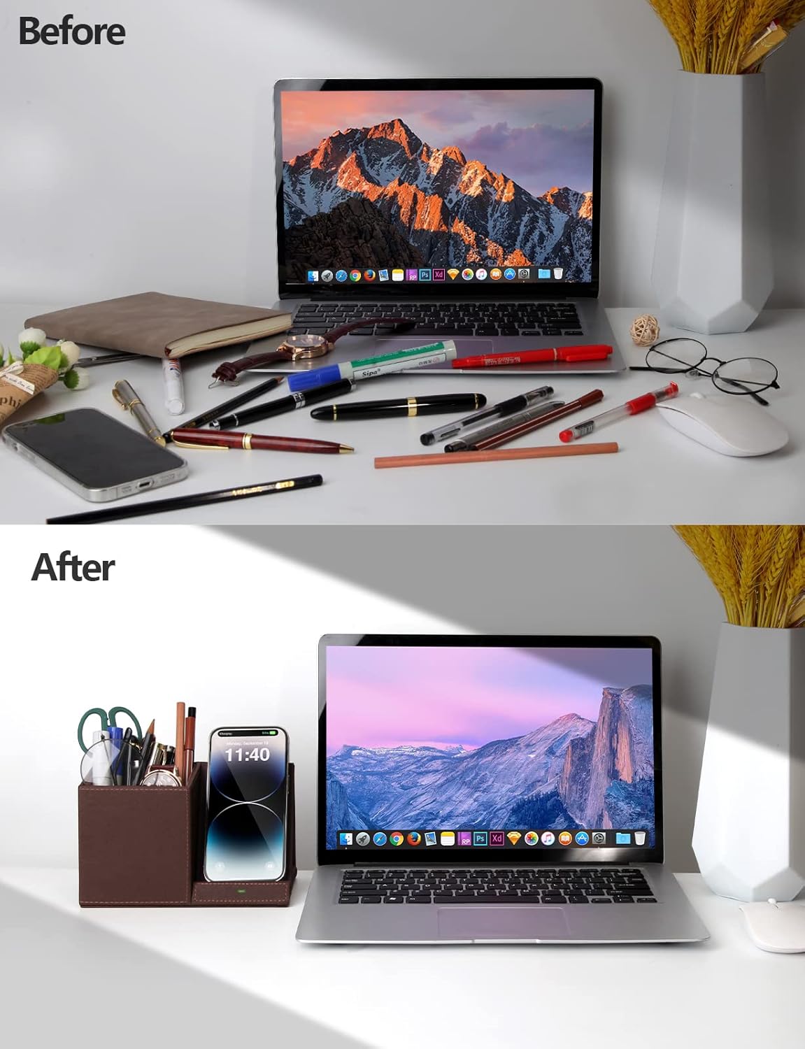 Bamboo Pen Holder for Desk & Nightstand Organizer with Fast Wireless Charging for iPhone, Samsung & More – Office Desk Accessories for Men/Women (Natural)