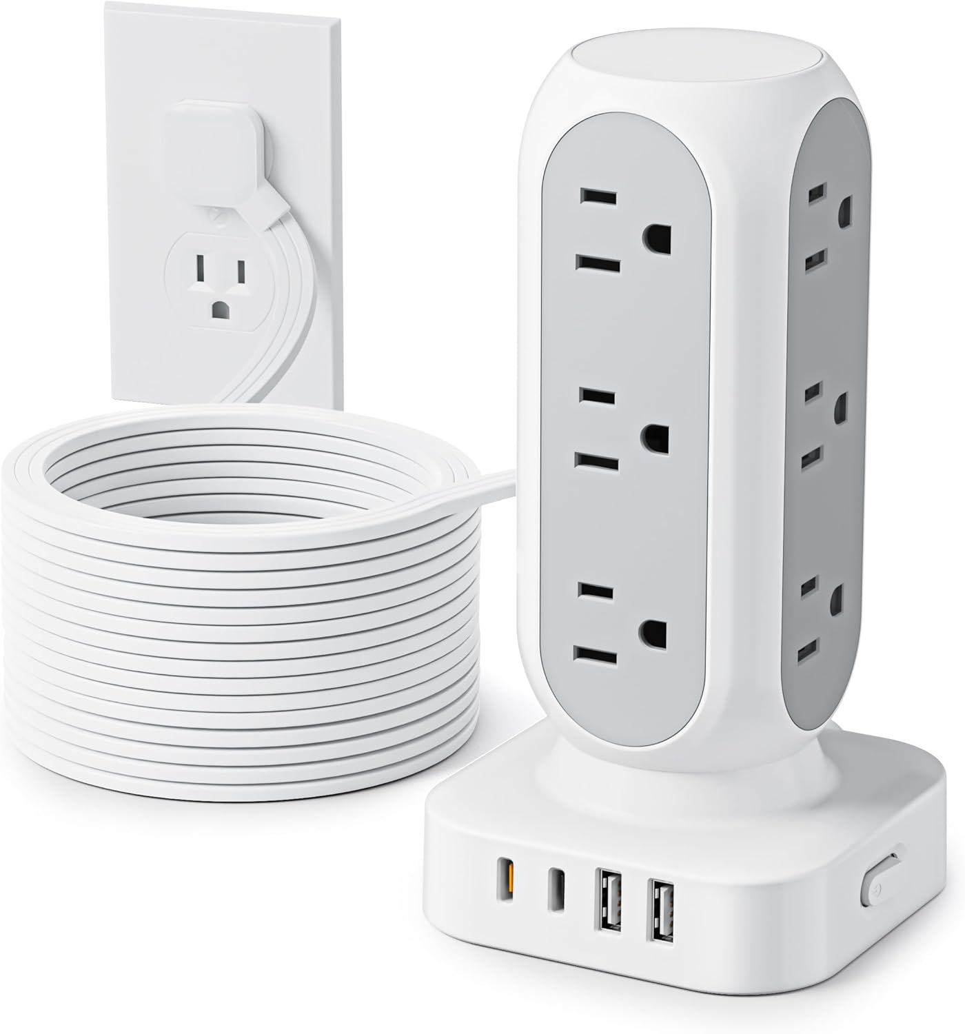 Flat Plug Power Strip Tower 10FT, 40W Total Fast Charging Station, Dual PD 20W USB-C Surge Protector with 12 AC Outlets and 8 USB Ports (4 USB C), Long Extension Cord for Home Office Dorm Room