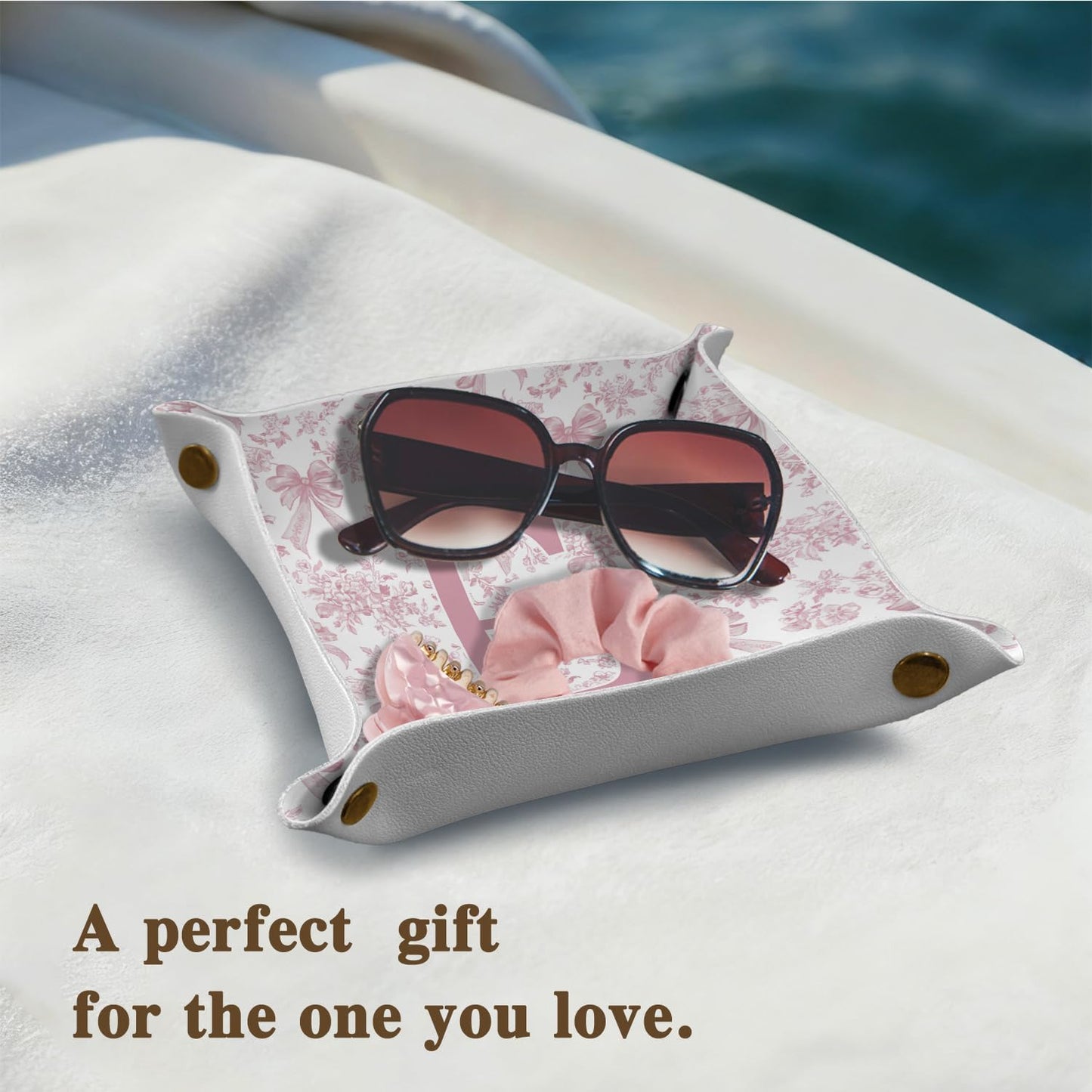 Gifts for Mom Initial Valet Tray,Pink Personalized Gifts for Women Mom Grandma Girlfriend,Nightstand Desk Accessories PU Leather Tray Organizer for Birthday Christmas Gift Ideas (B)