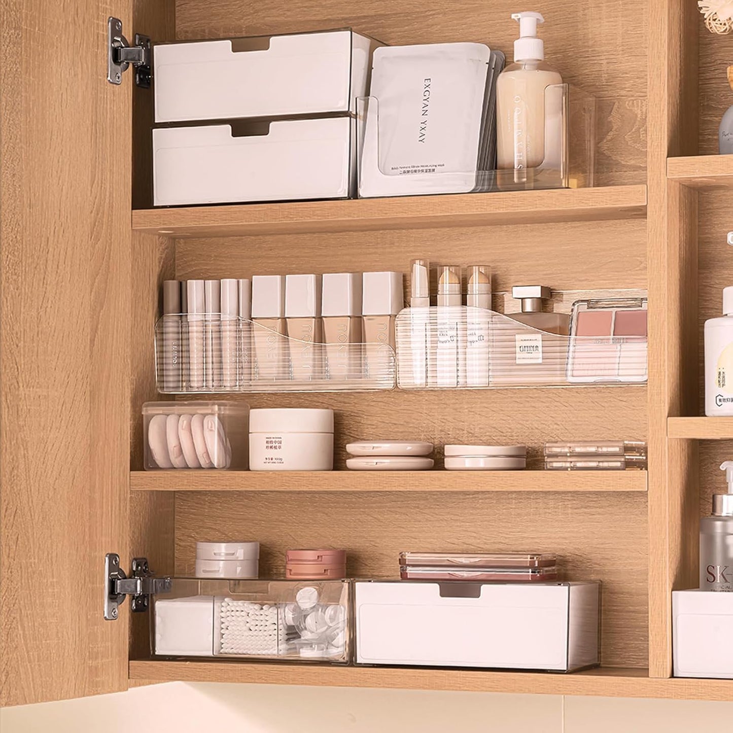 MORNITE Bathroom Medicine Cabinet Organizer Set, Narrow Compact Makeup Shelves Holder for Lipstick, Cosmetic, 2 Pcs Trays for Cabinet Door Wall, Vanity - Clear