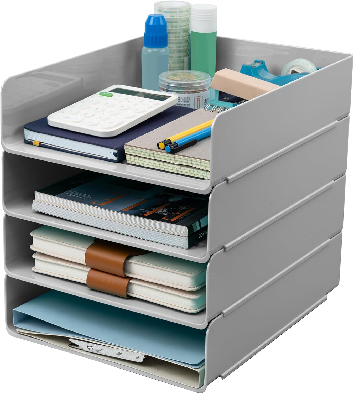 Tiawudi Desk Organizer, Clear Office Organization and Storage, Plastic Letter Tray, Stackable File Organizer for Classroom, Home, Documents, Notes, Folders, Books and Pens, 4 Tier
