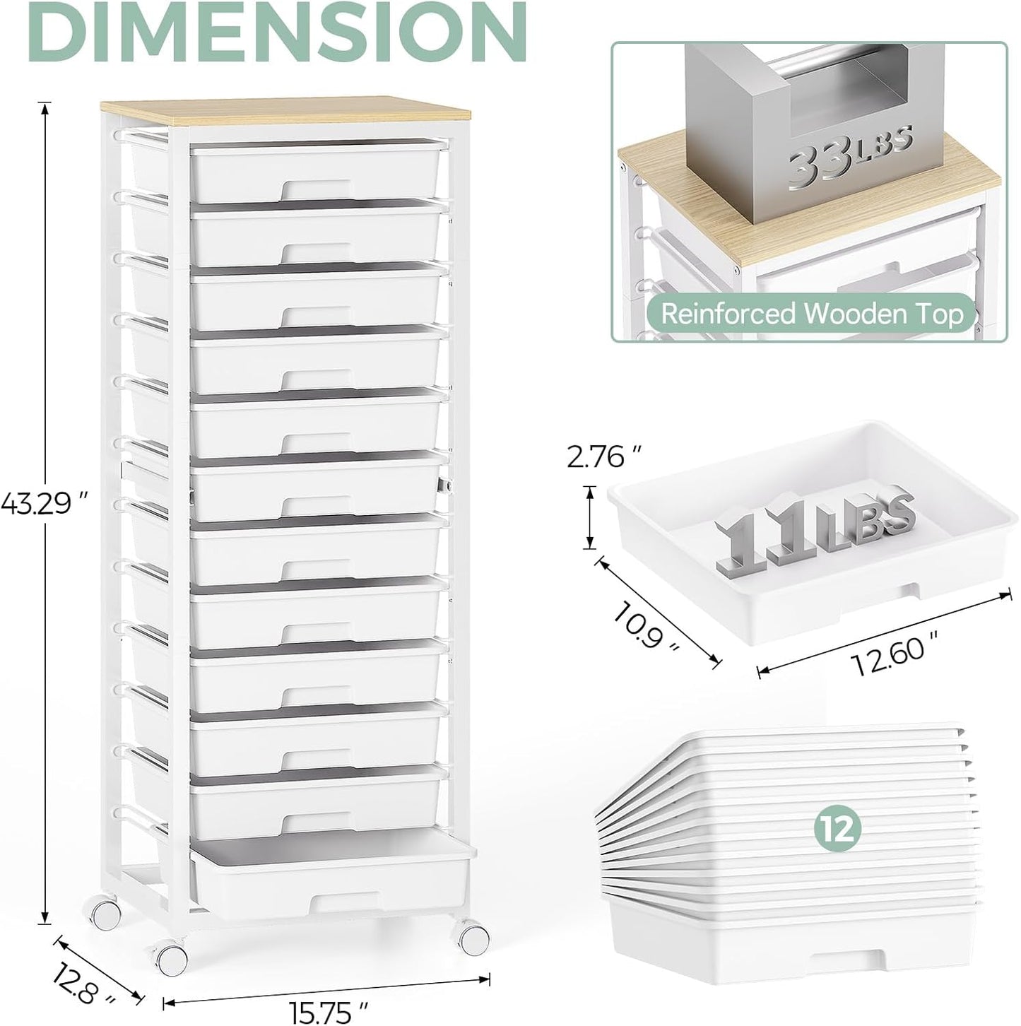 SYKIARIOL Rolling Storage Utility Cart with 6 Drawers and Wooden Tabletop for Under Desk Storage,White