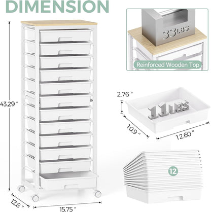 SYKIARIOL Rolling Storage Utility Cart with 6 Drawers and Wooden Tabletop for Under Desk Storage,White
