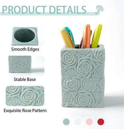Ceramic Cactus Pen Holder, Cactus Decor Cute Pencil Holder, Makeup Brush Holder for Home, Office Desk Accessories(Dark Green)
