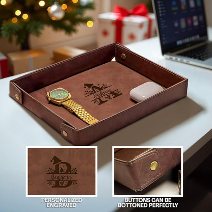 Engraved Leather Valet Tray for Men – Personalized Catchall with Custom Name for Desk, Dresser, Nightstand – Men's Organizer Tray for Keys, Wallet, Jewelry, Personalized Gift for Home, Office - Coffee