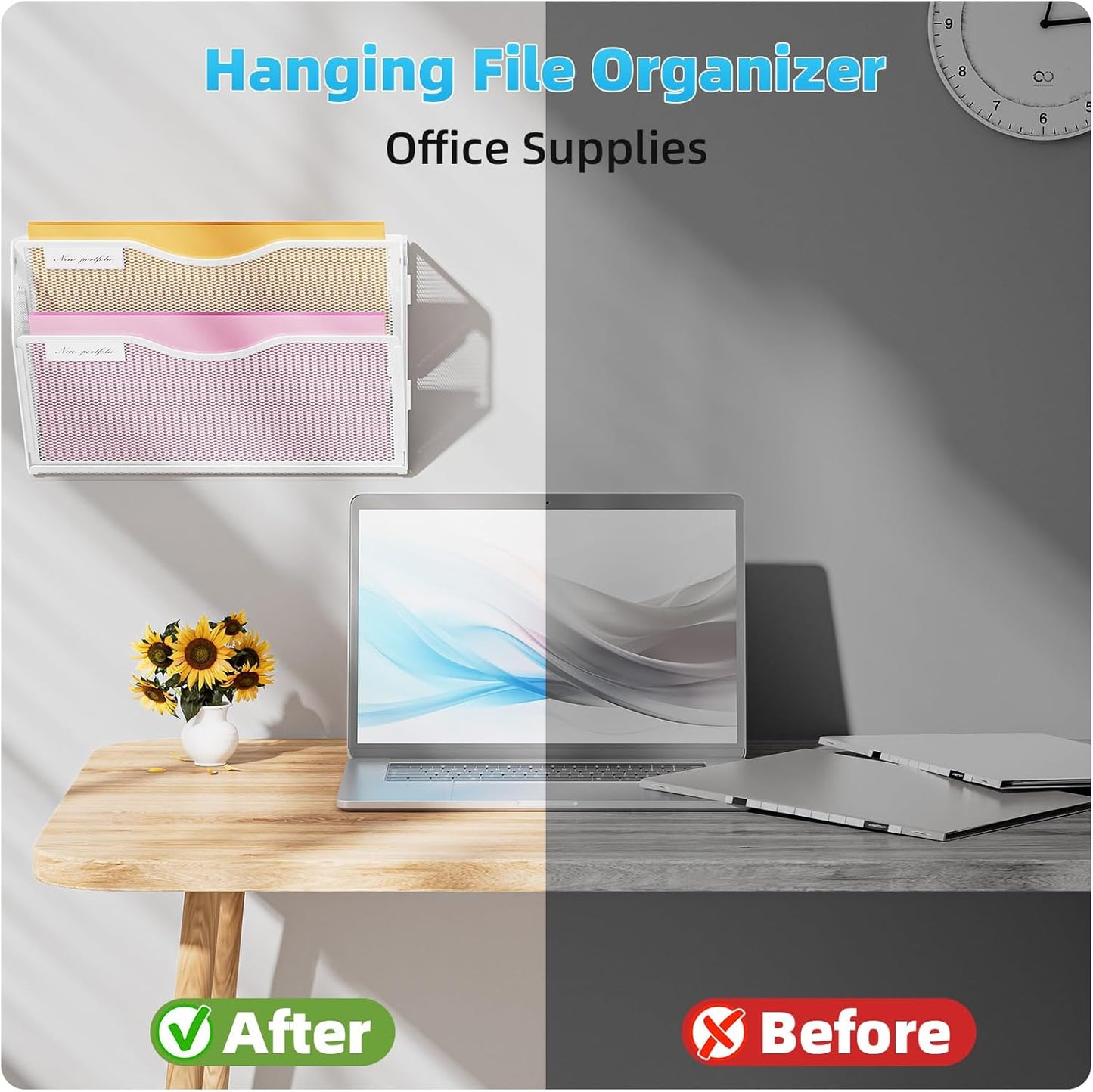 Marbrasse Wall File Holder 2-Tier Hanging Wall File Organizer, Mesh Mail Holder for Papers, Wall Mount File Clipboard & Magazine Organizer Great for Office Home (Black)