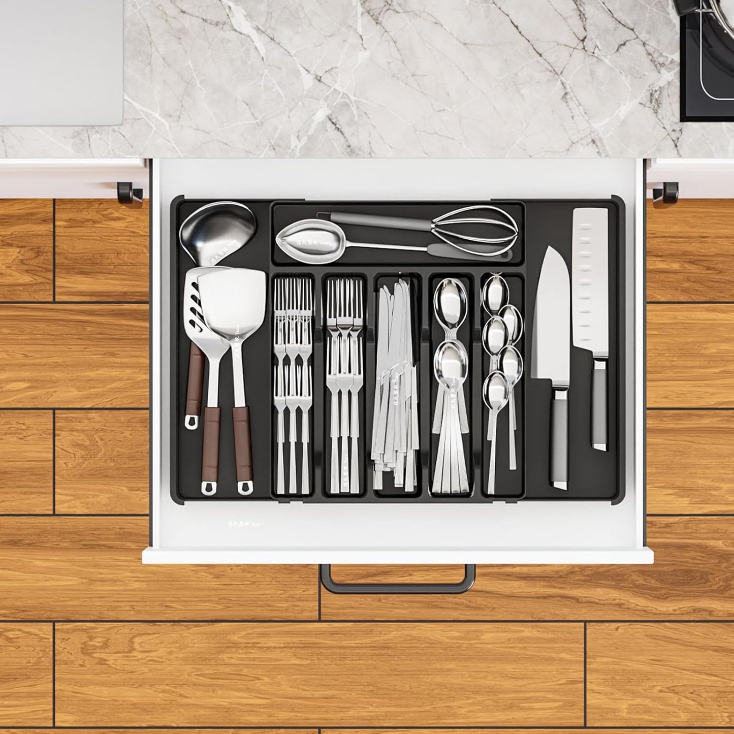 Yieach Clear Expandable Silverware Drawer Organizer - Adjust From 11'' to 22'' - Knife,Cutlery,Spoons and Forks Organizer,Large 8 Grid Flatware,Silverware Tray,Utensil Organizer for Kitchen Drawers