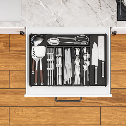 Yieach Clear Expandable Silverware Drawer Organizer - Adjust From 11'' to 22'' - Knife,Cutlery,Spoons and Forks Organizer,Large 8 Grid Flatware,Silverware Tray,Utensil Organizer for Kitchen Drawers
