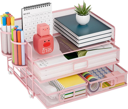 Marbrasse 3 Tier Mesh Desk Organizer with Drawer, Multi-Functional Desk Organizers and Accessories, Paper Letter Organizer with 2 Pen Holder for Home Office Supplies (Black)