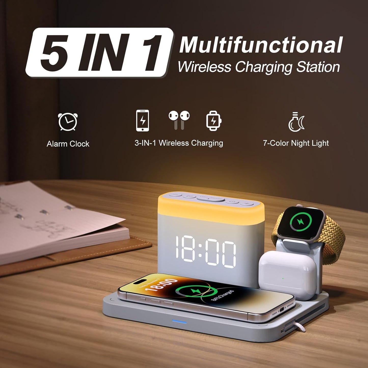 ANJANK Wireless Charging Station,5 in 1 Multiple Charger Stand with Alarm Clock,7 Night Light,Mag-Safe Charging Dock for iPhone 17 16 15 14 13 12 Pro Max Plus,Apple Watch 11/10/9/8,for Airpods,Bedroom