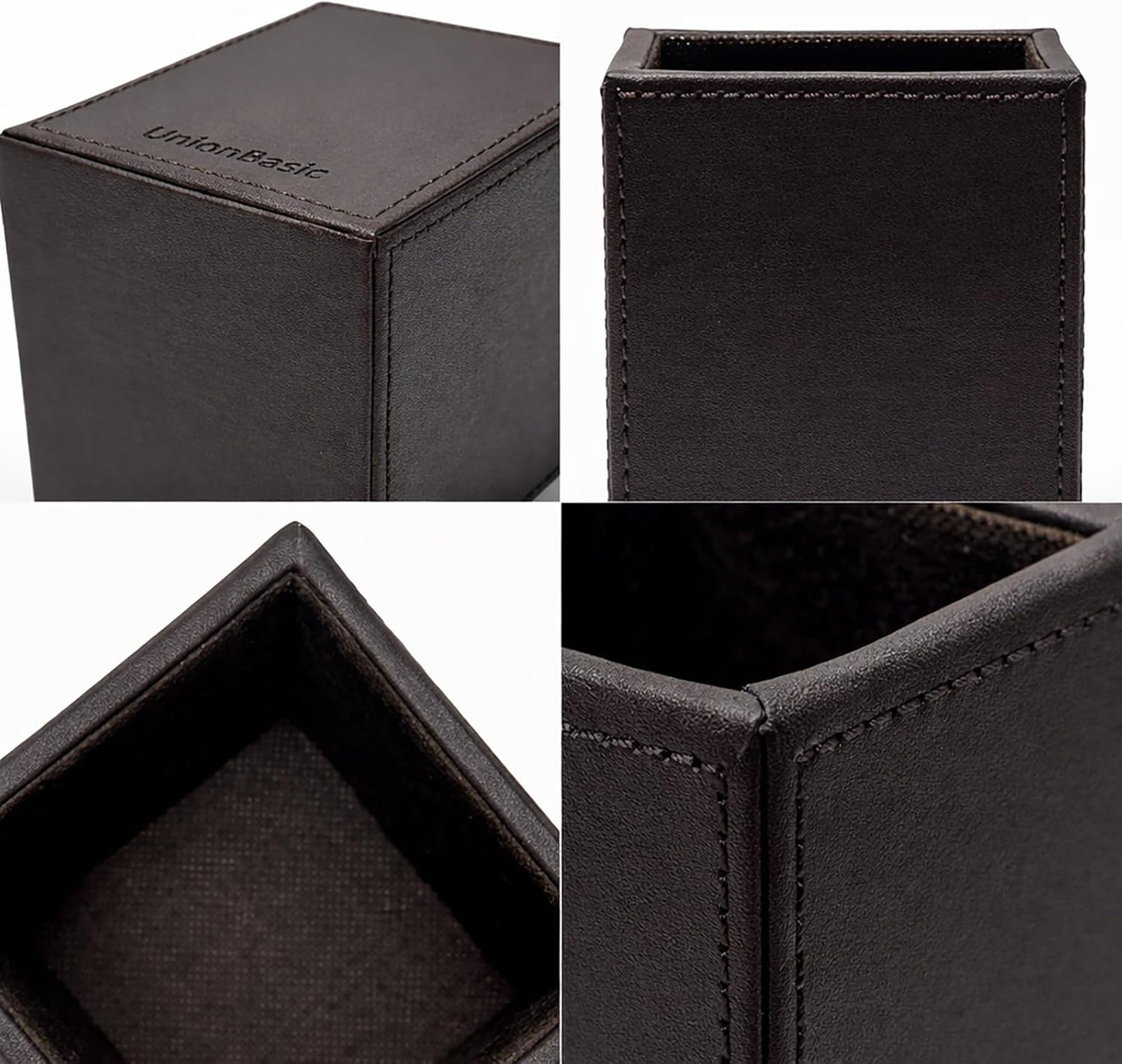UnionBasic Square Pen Holder, Leather Pencil Cup, Desktop Caddy Stationery Organizer, Beige
