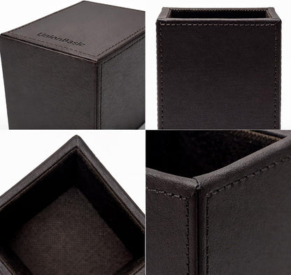 UnionBasic Square Pen Holder, Leather Pencil Cup, Desktop Caddy Stationery Organizer, Beige