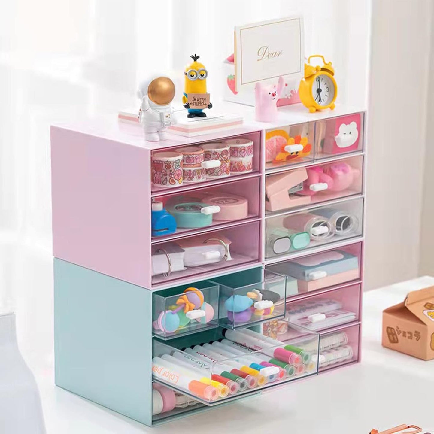 Desk Organizer with Drawer, Office Organizer with 4 Drawers, Desk Storage Box for, Desktop, Dressing table, Office, School, Home, Plastic Box and 4 Acrylic Drawers(White)