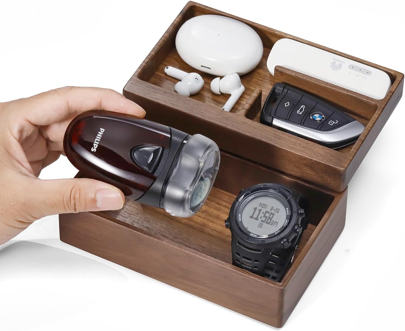 Valet Tray Box, Walnut Wooden Storage Box, Office Desk Daily Supplies Organizer