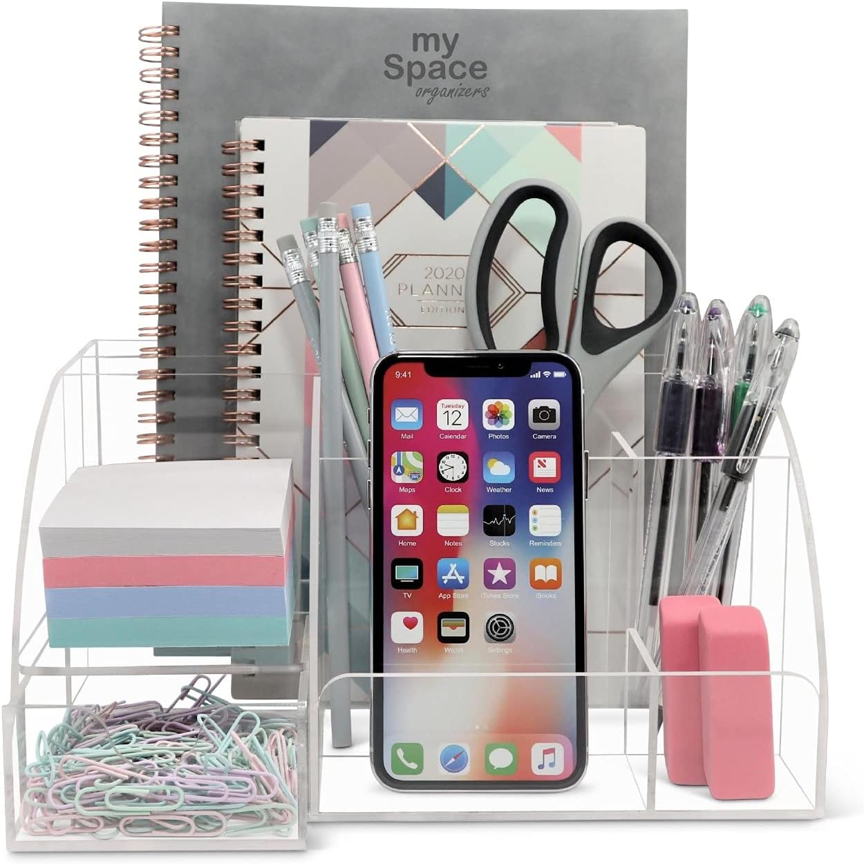 My Space Organizers Clear Acrylic Desk Oganizer, 9 Compartments, Office Supplies and Desk Accessories Organizer, Home Decor Desktop Organizer (Clear)