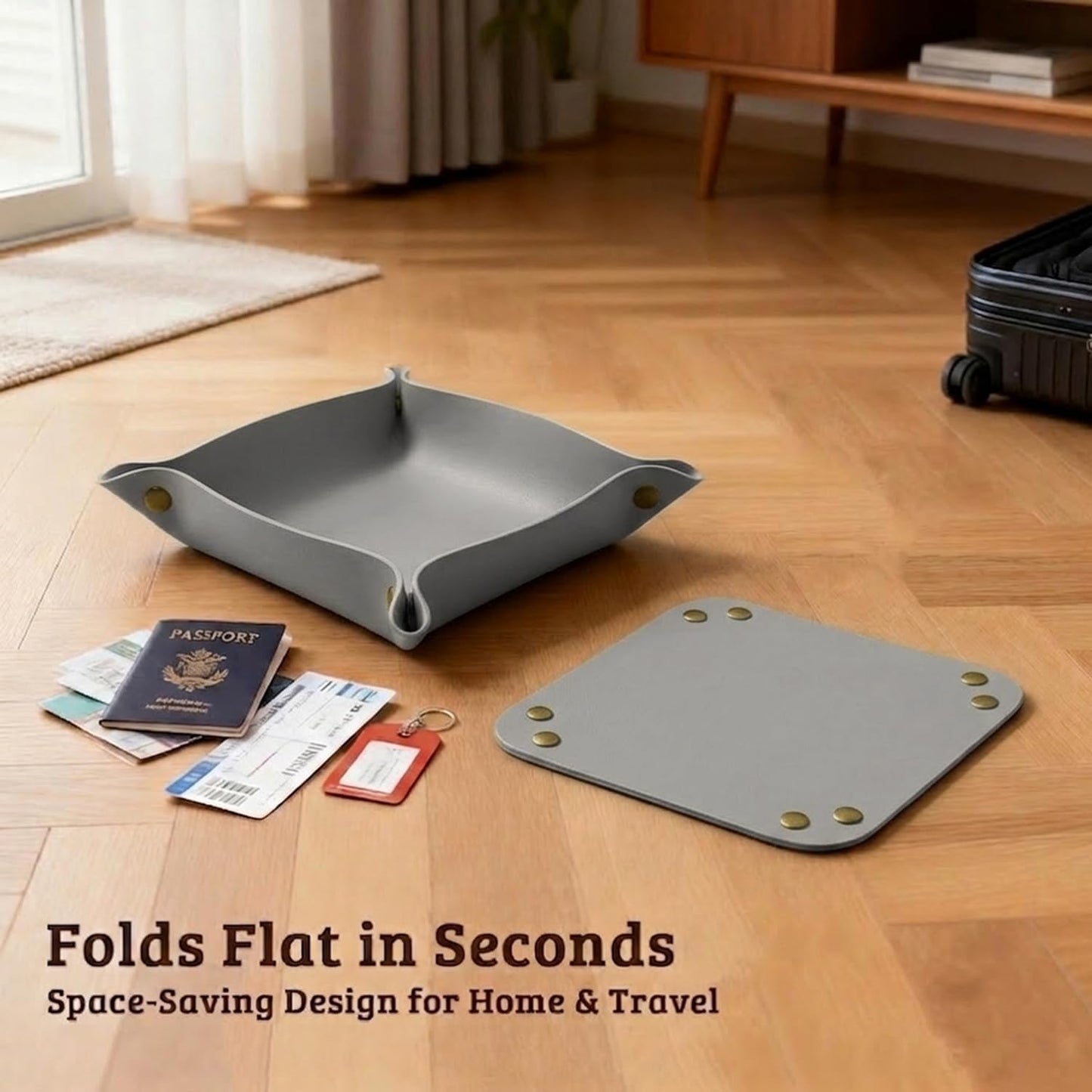 3 PACK PU Leather Jewelry Valet Tray Organizer, Foldable & Portable Catch All Bowl for Entryway Table, Nightstand, Desk & Travel | Storage Dish for Keys, Watch, Coin, Glasses (Brown)