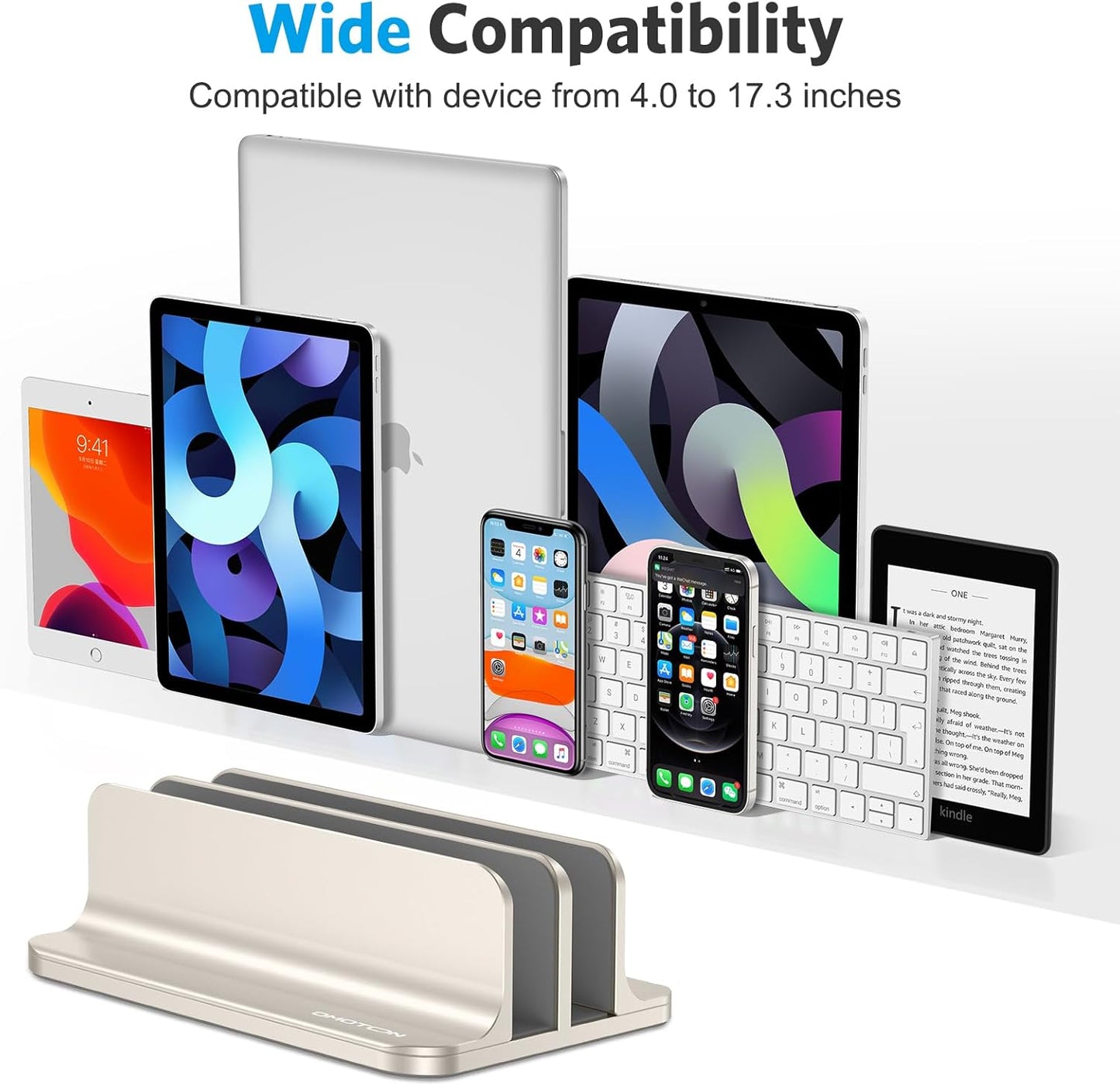 OMOTON Vertical Laptop Stand [Updated 3-Slots Version], Desktop Aluminum Mac Book Stand with Adjustable Dock Size, Fits All Mac Book, Chrome Book and Gaming Laptops (Up to 17.3 inch), Starlight