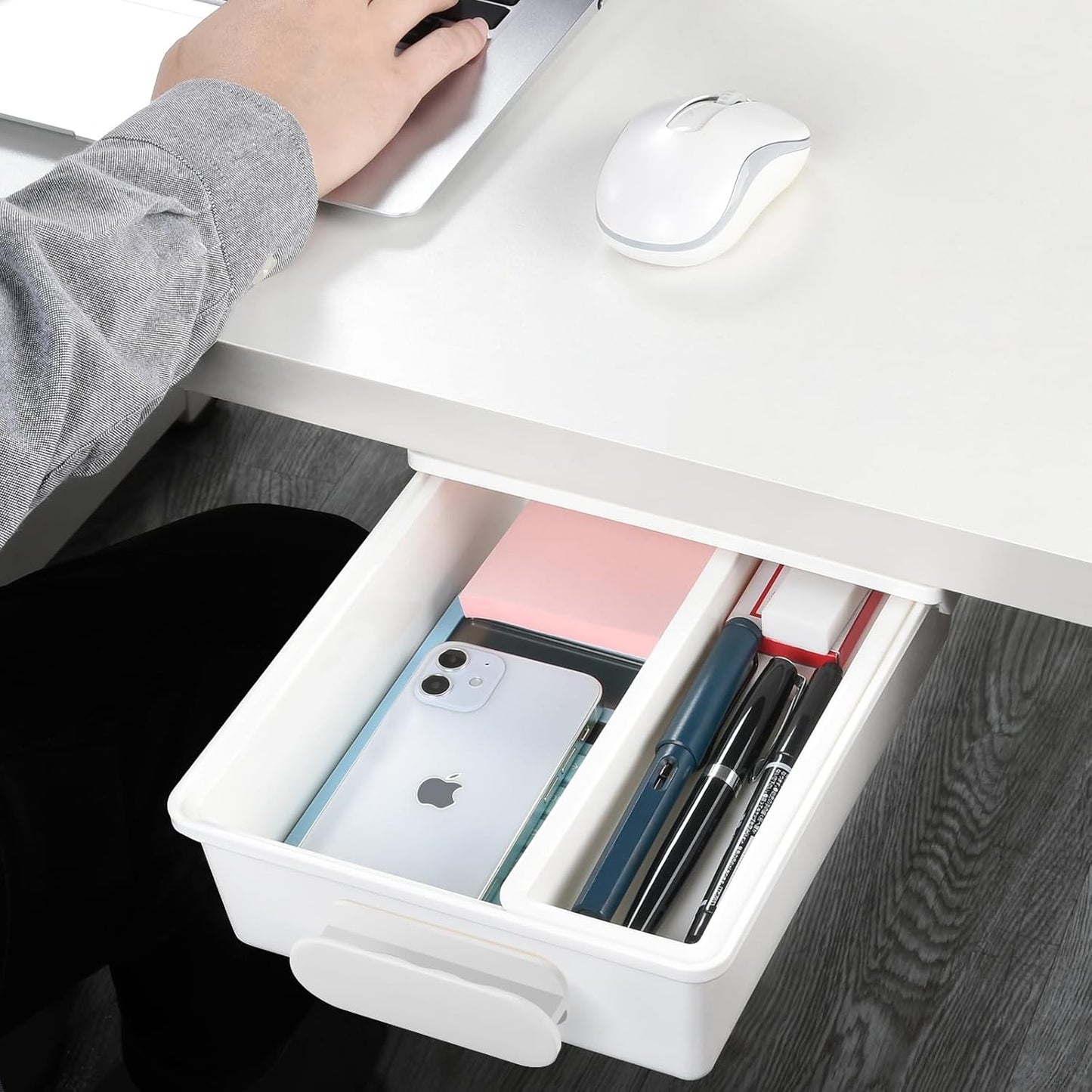 Under Desk Drawer Organizer, Self-Adhesive Storage, Office & Home Stationery (Large-White)