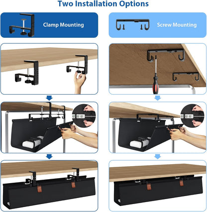 Zilink No Drill Under Desk Cable Management Tray 30" Cord Organizer for Table Clamp/Screw Mount Desk Cable Management Sturdy Waterproof Fabric Cord Hiders for Office, Home