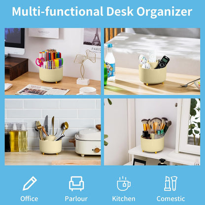 Marbrasse Desk Organizer, 360-Degree Rotating Pen Holder, Desk Organizers and Accessories with 5 Compartments Pencil Holder, Art Supply Storage Box Caddy for Office, Home（White）