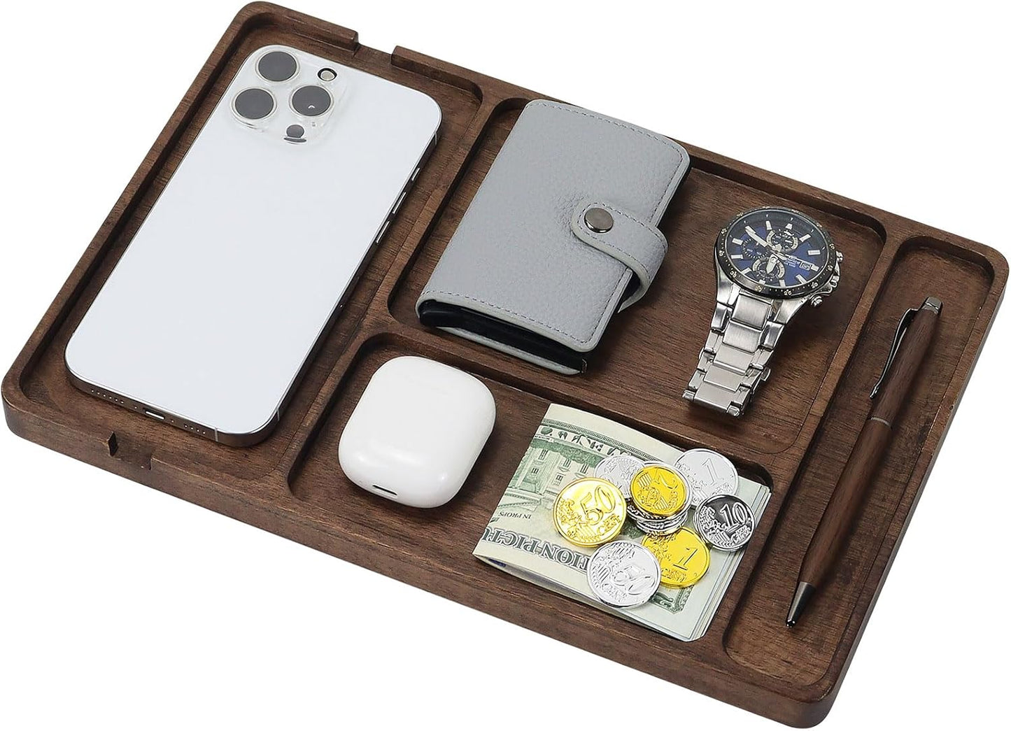 MultiBey Walnut Wood Valet Tray - Wooden Nightstand Organizer for Men Women, 4 Slot Desk Drawer Organizer Tray, EDC Catch All Tray with Cable Slot for Phone Watch Wallet Key Jewelry