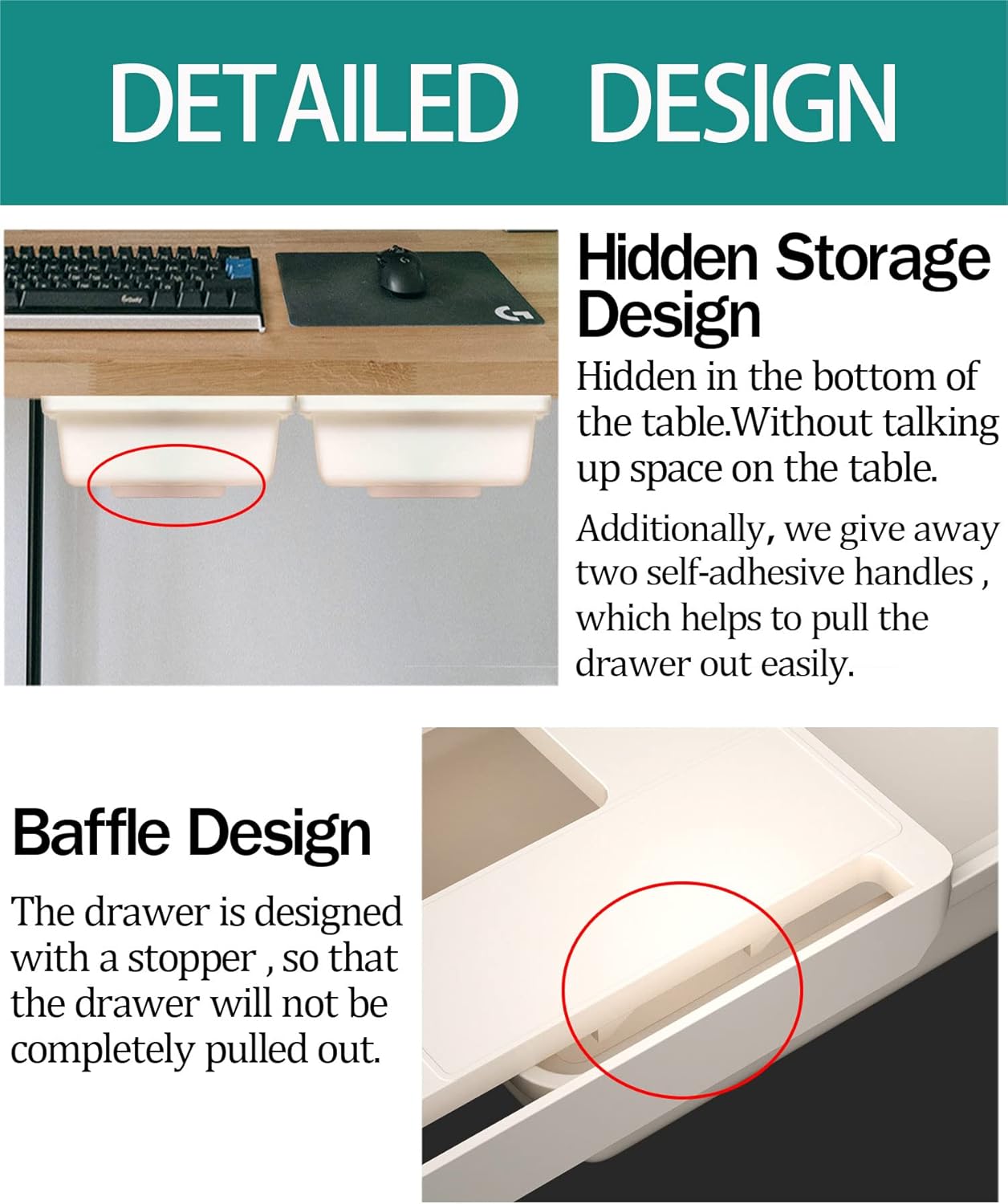 SVNNELP Large Under Desk Table Drawer Storage Organizer A4, Hidden Self-Adhesive Under Desk Pencil Tray Drawer for Office (Clear Black/L)