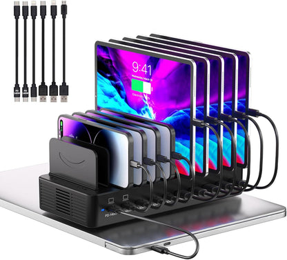 580W Charging Station for Multiple Devices, 10-Port USB C Fast Charger Station, Dual PD 100W Charging Dock with Adjustable Dividers & 6 Cables-Device Organizer for Laptop MacBook, iPhone, iPad