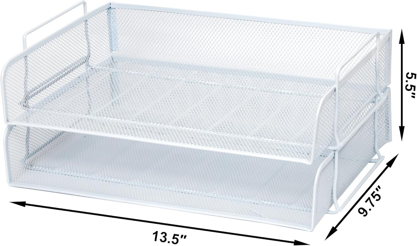 EASEPRES 2 Pack Stackable Desk Paper Tray, Metal Mesh Desktop Document Letter File Organizer for Office Home School, 13.5'' L x 9.75'' W x 5.5'' H, White