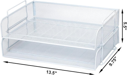 EASEPRES 2 Pack Stackable Desk Paper Tray, Metal Mesh Desktop Document Letter File Organizer for Office Home School, 13.5'' L x 9.75'' W x 5.5'' H, White