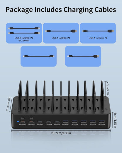 580W Charging Station for Multiple Devices, 10-Port USB C Fast Charger Station, Dual PD 100W Charging Dock with Adjustable Dividers & 6 Cables-Device Organizer for Laptop MacBook, iPhone, iPad
