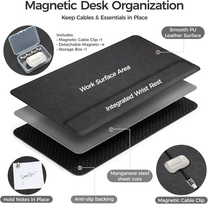 Magnetic Desk Mat System with Wrist Support 80×40cm, Premium Leather Desk Pad with Magnetic Accessories, Waterproof Non-Slip Desk Organizer for Office & Gaming