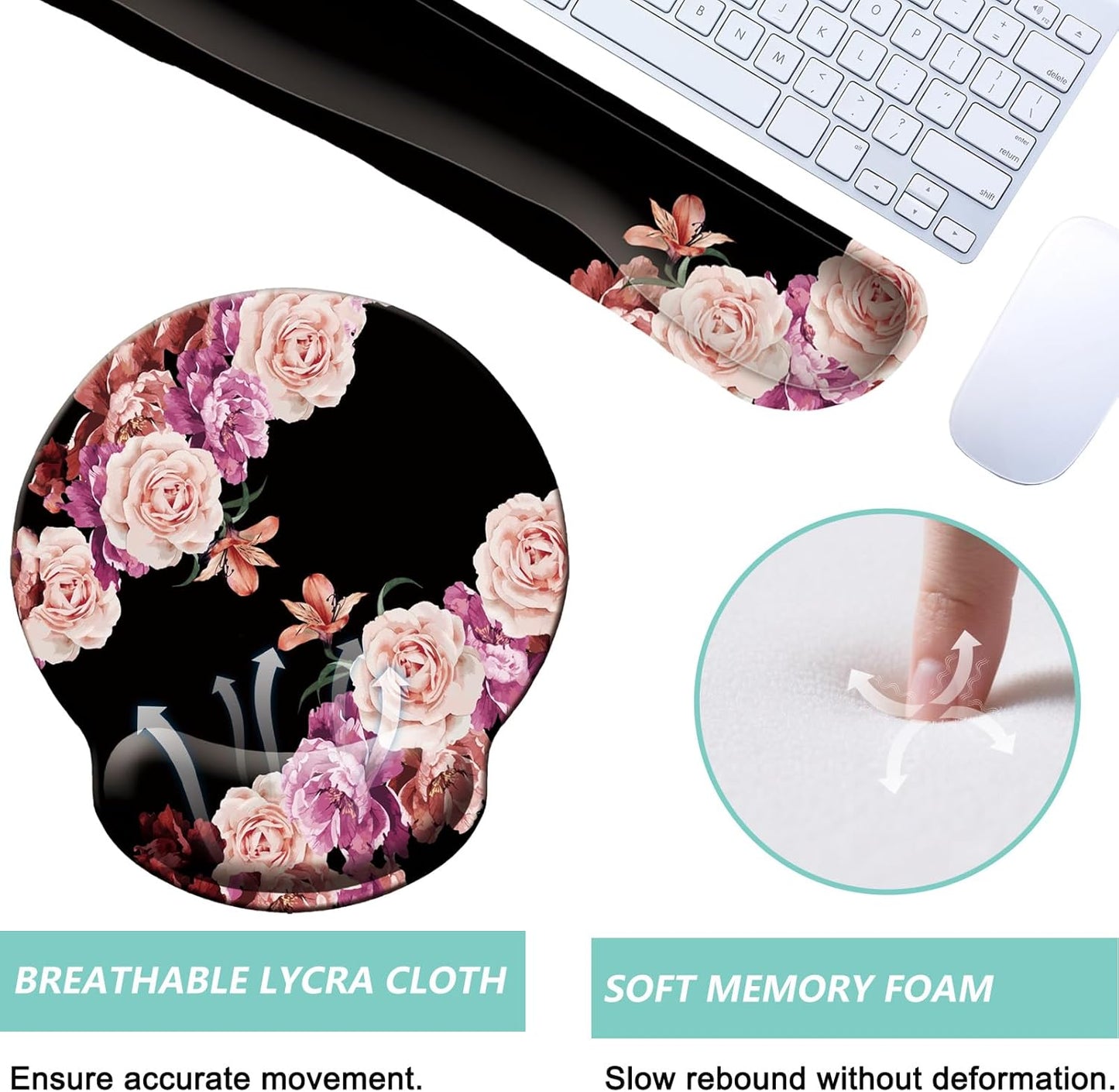 Keyboard Wrist Rest Pad Mouse Pad with Wrist Support Set of 3, Mousepad with Non-Slip Rubber Base, Ergonomic Memory Foam Mouse Wrist Cushion Support for Home Office Laptop Computer, Flower Black
