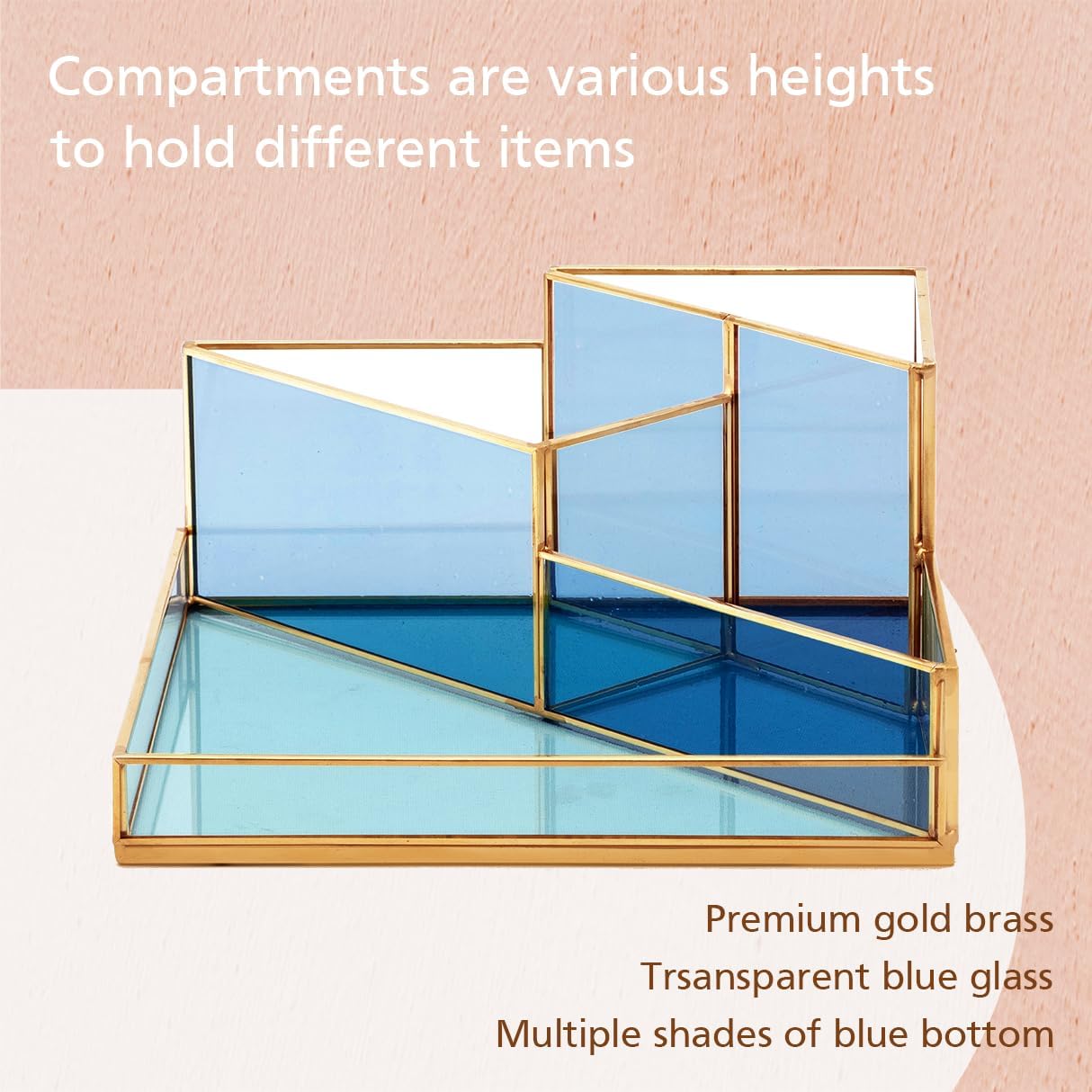 FONDAZZA Gold & Blue Glass Desk Organizer - Elegant Office Decor, Aesthetic Makeup Brush Holder, 2-Compartment Pen Holder, Pencil Cup, Vanity & Cosmetic Storage, Desk Accessories for Women