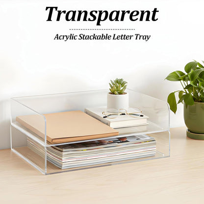 2 Pack Clear Acrylic Stackable Paper Letter Tray Organizer Desktop File Organizer for Office Workspace Document Storage, 12.4x8.7x2.75 Inch